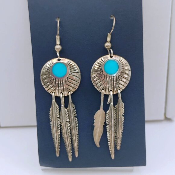 Vtg Native Southwest Sterling Silver Turquoise Feather Dangle Earrings - READ - Picture 1 of 8